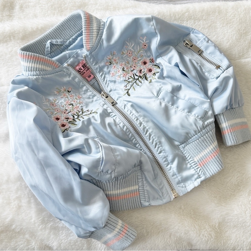 Urban republic girls Floral Embroidered bomber Jacket Light Blue & pink size 18m